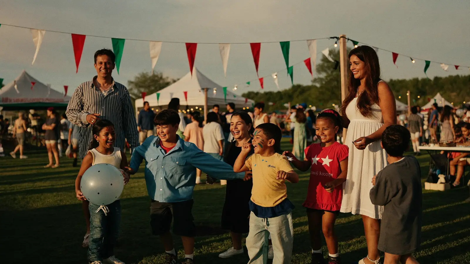 A multigenerational Lebanese-American family sharing a meal at a festival table, grandparents and children together
